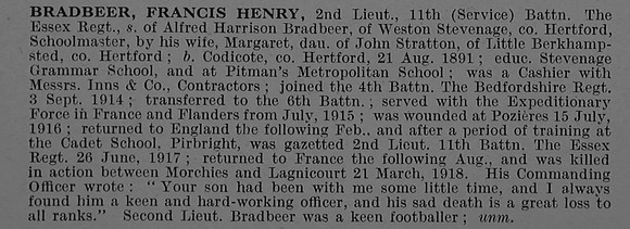 Bradbeer F H 2nd Lt 11th Essex Regiment Obit
