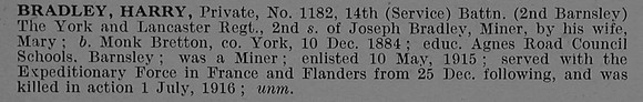 Bradley H Pte 1182 14th York & Lancs Regiment