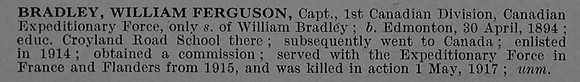 Bradley W F Captain 1st Canadian Infantry (Western Ontario Regiment)