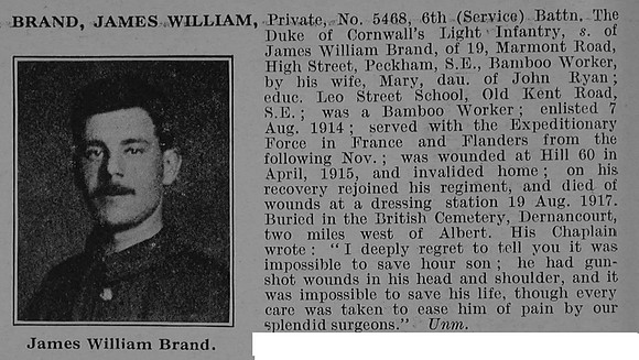 Brand J W Pte 5468 6th Duke Of Cornwalls Light Infantry Obit