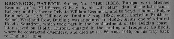 Brennock P Stoker 17190 H.M.S. Europa Royal Naval Reserve Obit