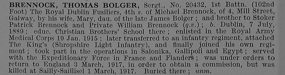 Brennock T B Sergt 20432 1st Royal Dublin Fusiliers Obit