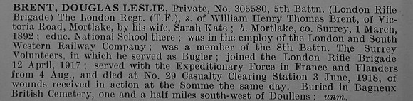 Brent D L Pte 305580 5th London Regiment (London Rifle Brigade) Obit
