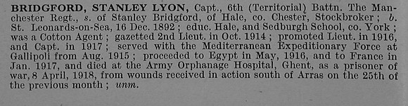 Bridgford S L Captain 6th Manchester Regiment Obit