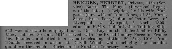 Brigden H Pte 11th Kings Liverpool Regiment Obit