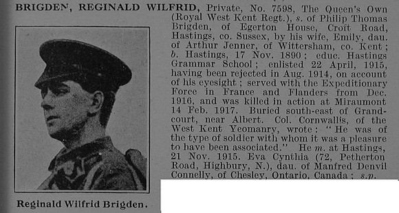 Brigden R W Pte 7598 7th Queen's Own (Royal West Kent Regiment) Obit