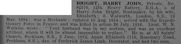 Bright H J Pte 82570 Royal Garrison Artillery Obit