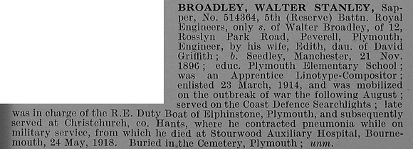 Broadley W S Sapper 514364 Royal Engineers Obit