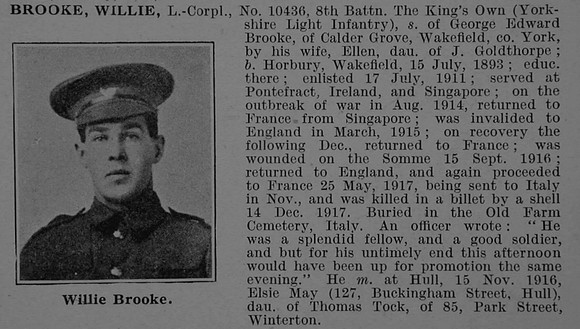 Brooke W L/Cpl 10436 8th Kings Own Yorkshire Light Infantry Obit