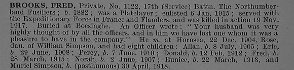 Brooks F Pte 1122 17th Northumberland Fusiliers Obit