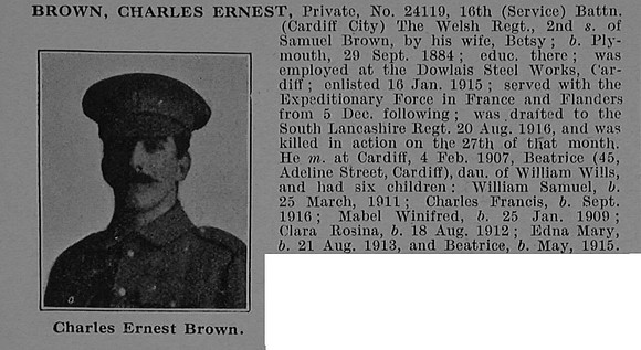 Brown C E Pte 24119 16th Welsh Regiment Obit