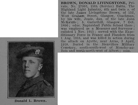 Brown D L Pte 27063 15th Highland Light Infantry Obit