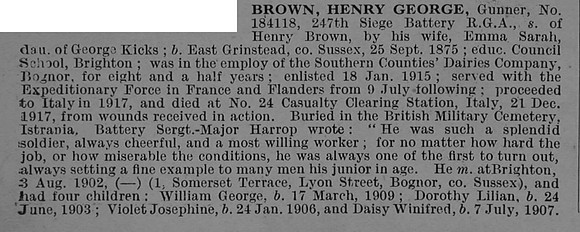 Brown H G Gnr 184118 Royal Garrison Artillery Obit