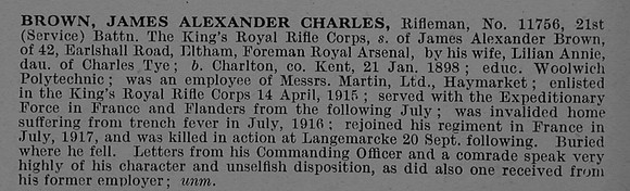 Brown J A C Rfn 11756 21st Kings Royal Rifle Corps Obit