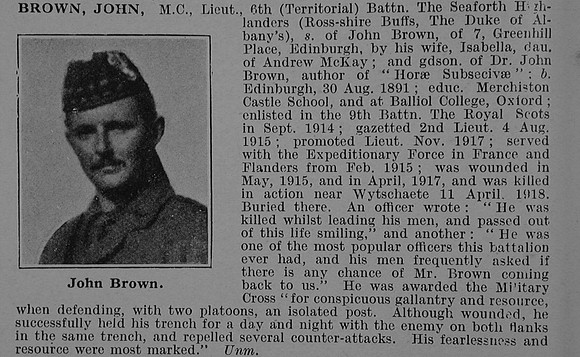 Brown J Lt MC 6th Seaforth Highlanders Obit