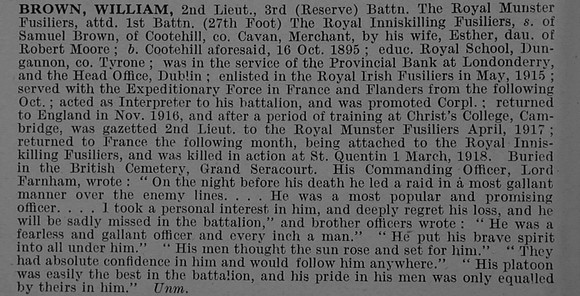 Brown W 2nd Lt 3rd Royal Munster Fusiliers Attd 1st Royal Inniskilling Fusiliers Obit