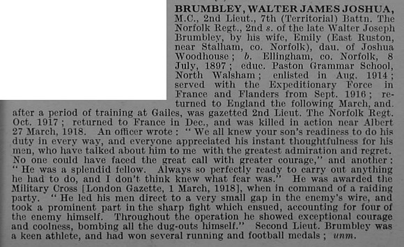 Brumbley W J J 2nd Lt MC 7th Norfolk Regiment Obit
