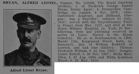Bryan A L Gnr 11069 Royal Garrison Artillery Obit