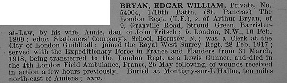 Bryan E W Pte 34004 19th London Regiment Obit De Ruvignys Roll Of Honour Vol 4