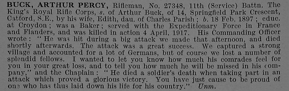 Buck A P Rfn 27348 11th Kings Royal Rifle Corps Obit
