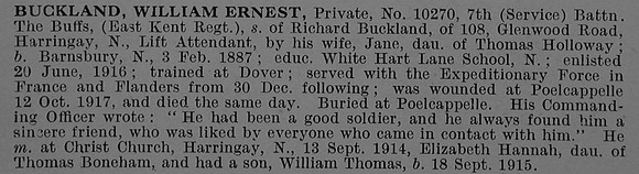 Buckland W E Pte 10270 7th East Kent Regiment Obit