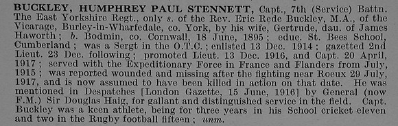 Buckley H P S Captain 7th East Yorkshire Regiment Obit