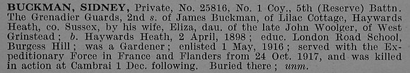 Buckley S Pte 25816 5th Grenadier Guards Obit