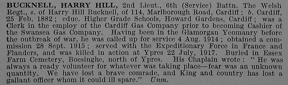 Bucknell H H 2nd Lt 6th Welsh Regiment Obit
