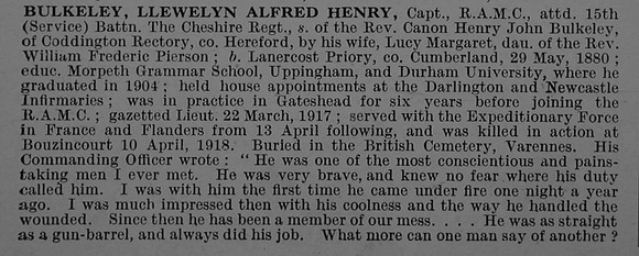 Bulkeley L A H Captain Royal Army Medical Corps Obit Part 1