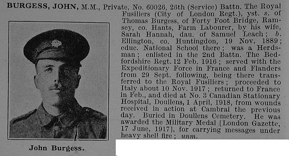 Burgess J Pte MM 60026 26th Royal Fusiliers Obit
