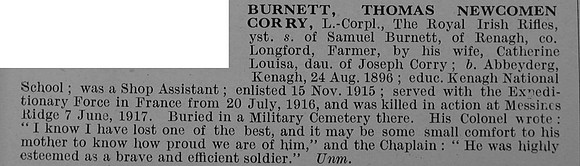 Burnett T N C L/Cpl Royal Irish Rifles Obit