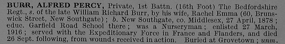 Burr A P Pte 1st Bedfordshire Regiment Obit