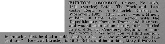 Burton H Pte 1078 13th York & Lancaster Regiment Obit