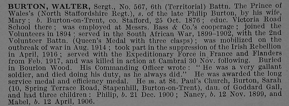 Burton W Sergt 567 6th North Staffordshire Regiment Obit