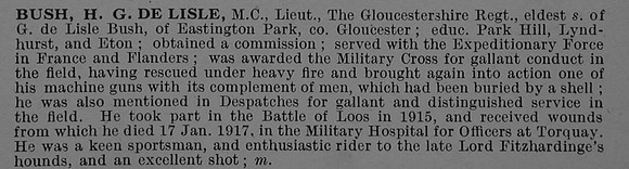 Bush H G de L Lt MC Gloucestershire Regiment Obit