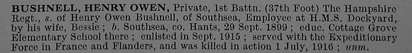 Bushnell H O Pte 17473 !st Hampshire Regiment