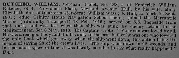 Butcher W Merchant Cadet S.S. Ingleside (Whitby) Mercantile Marine Obit