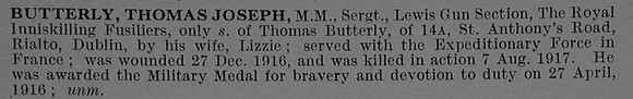 Butterly T J Sergt MM 26205 8th Royal Inniskilling Fusiliers Obit