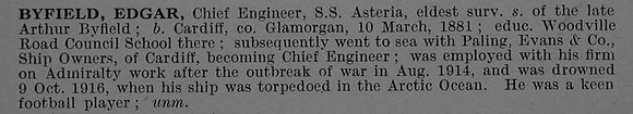 Byfield E Chief Engineer SS Asteria Mercantile Marine Obit