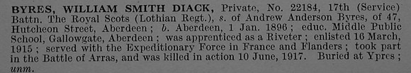 Byres W S D Pte 22184 17th Royal Scots Obit