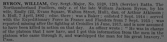 Byron W Coy Sergt Major 5528 12th Northumberland Fusiliers Obit