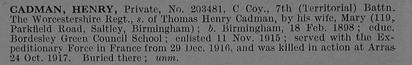 Cadman H Pte 203481 7th Worcestershire Regiment Obit