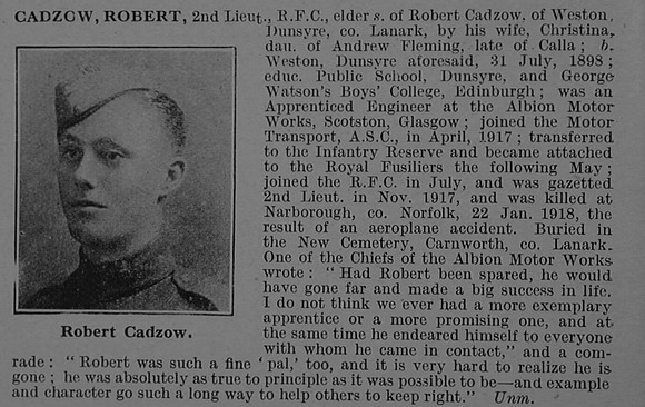 Cadzow R 2nd Lt Royal Flying Corps Obit