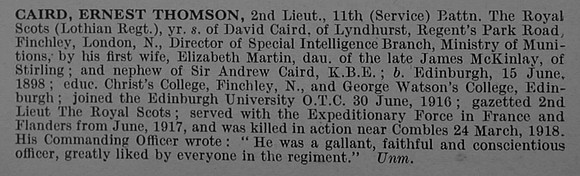 Caird E T 2nd Lt 11th Royal Scots Obit