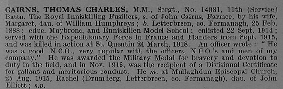 Cairns T C Sergt MM 14031 11th Royal Inniskilling Fusiliers Obit