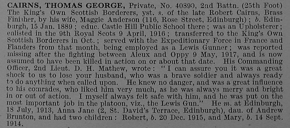 Cairns T G Pte 40890 2nd Kings Own Scottish Borderers Obit