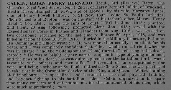 Calkin B P B Lt 3rd Queens Royal West Surrey Regiment Obit