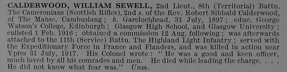 Calderwood W S 2nd Lt 8th Cameronians Obit