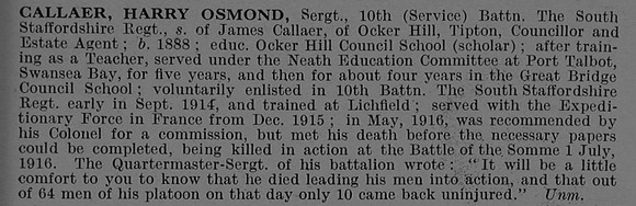 Callaer H O Sergt 10th South Staffordshire Regiment Obit