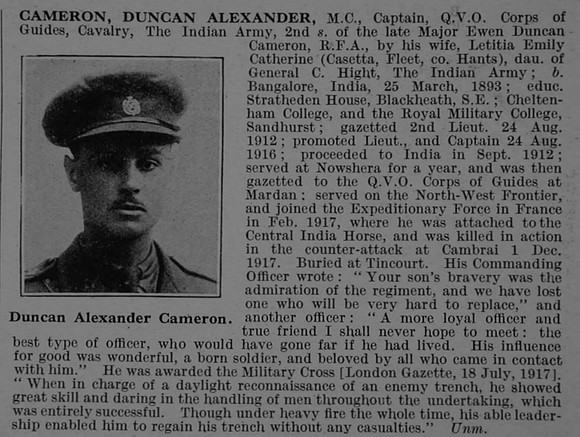 Cameron D A Captain MC Indian Army Obit
